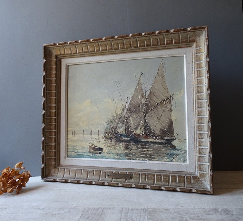 1950s Antique French Sailboat Painting Signed Marcy /Antique Marine Painting Oil on  Canvas Framed./Seascape Painting.