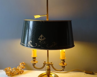 Vintage French Bouillotte Brass Lamp with green tole shade and golden flowers decor/ Desk Lamp,/Library Lamp./2 Lights.