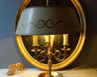 Large  Antique Brass and Cream Tole Bouillotte Lamp with Dragon Decor/3 Lights/Desk Lamp,/Library Lamp.