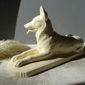 Large French ART DECO German Shepherd White Ceramic Statue,by Sarreguemines.