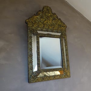 Antique Pareclose Mirror/Old Cushion Mirror,/Embossed Brass Mirror.19 th century.