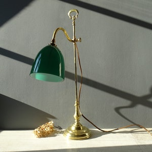 Antique French  Brass  Desk Lamp/Table Lamp,with  a green emerald  glass shade./Green shade Banker LAMP.