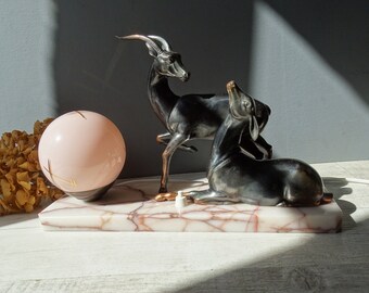 Large French Art Deco ANTELOPE Lamp,Marble Base and pink  glass shade./Vintage Art Deco Dog Lamp.