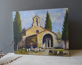 Vintage French Provencal Chapel Painting/Shepher and Sheep Painting.