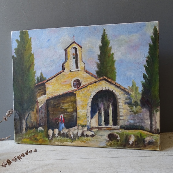 Vintage French Provencal Chapel Painting/Shepher and Sheep Painting.