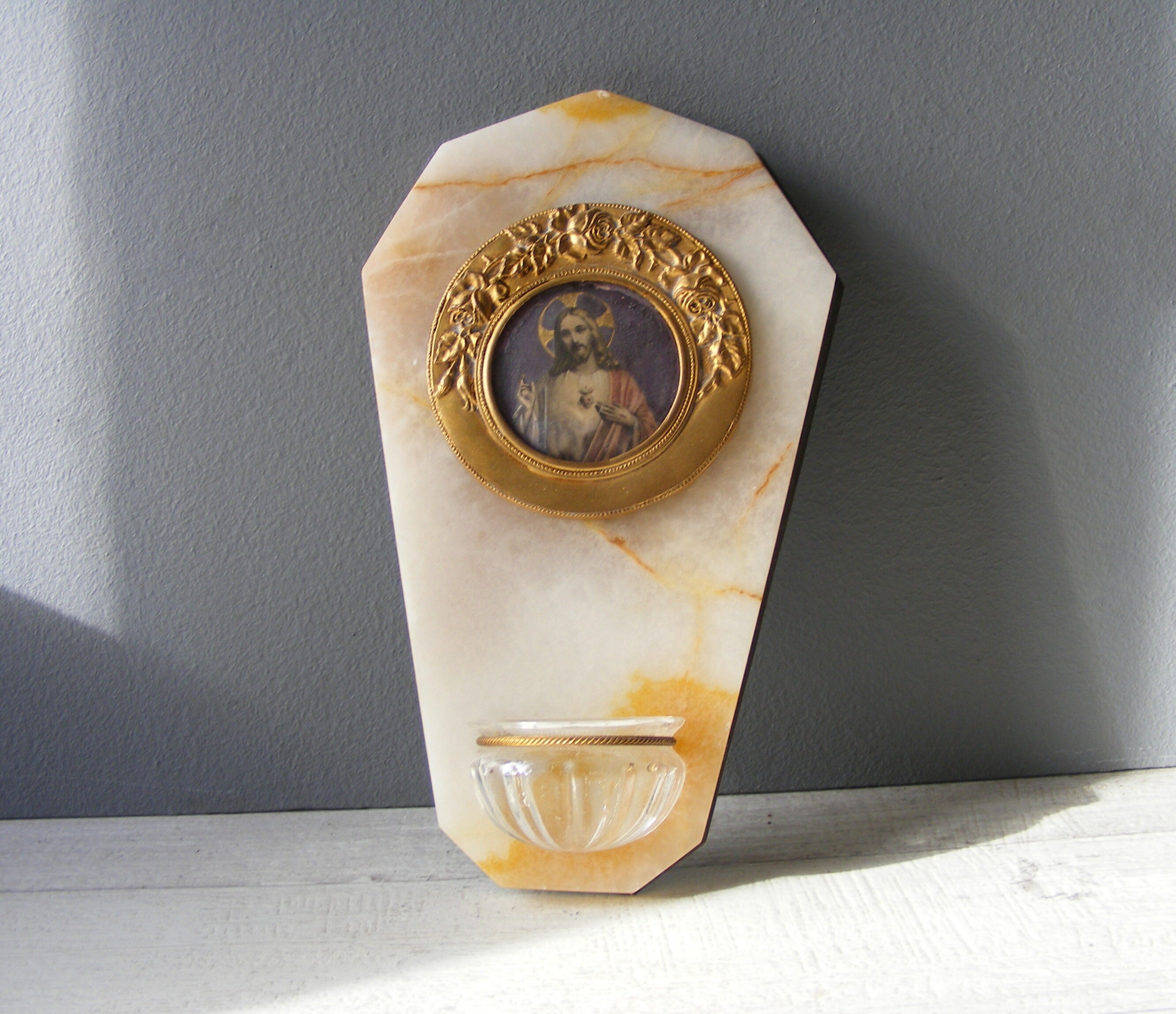 Antiquité Français Jésus-Christ Sacré-Cœur Religieux Onyx Benitier, Police d'eau Bénit.