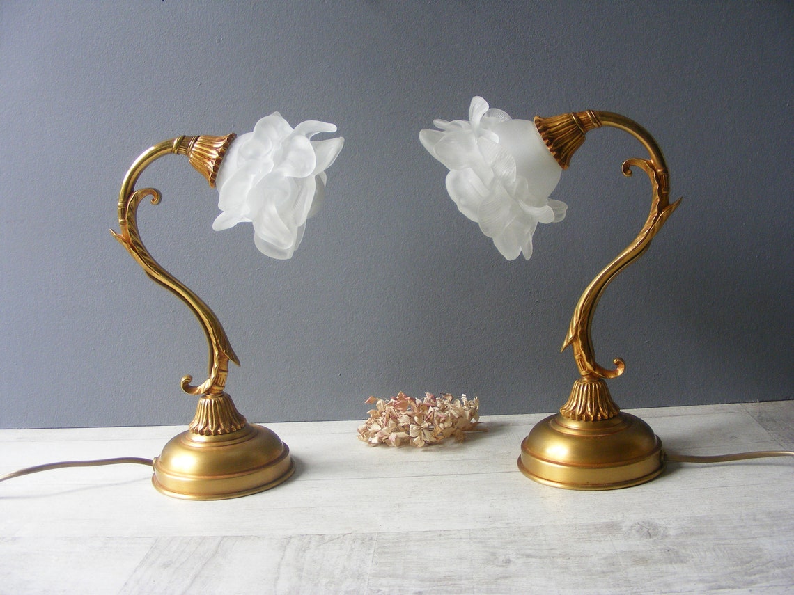 Vintage French Pair of Brass Bedside Lamps with Glass Flower | Etsy