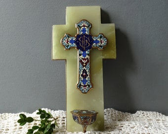 Antique French Cloisonné  Enamel Bénitier , Enamel Holy Water Font,on an onyx base,19 th .