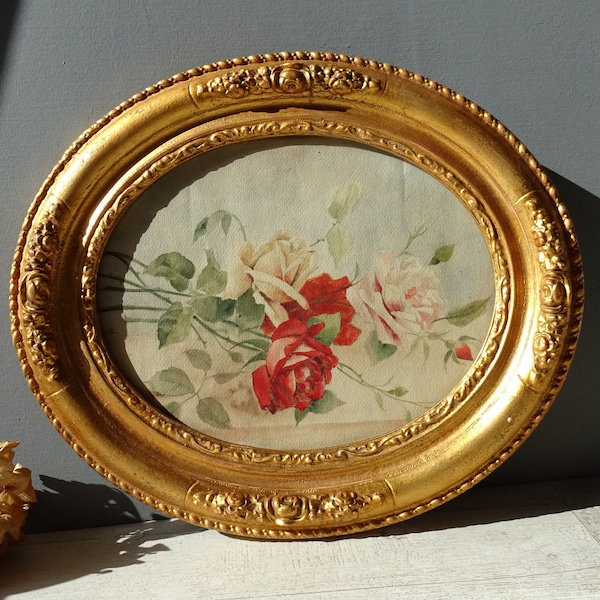 1920s Vintage Original Roses Watercolor  ,signed/ in oval wood and stucco gilt Frame.