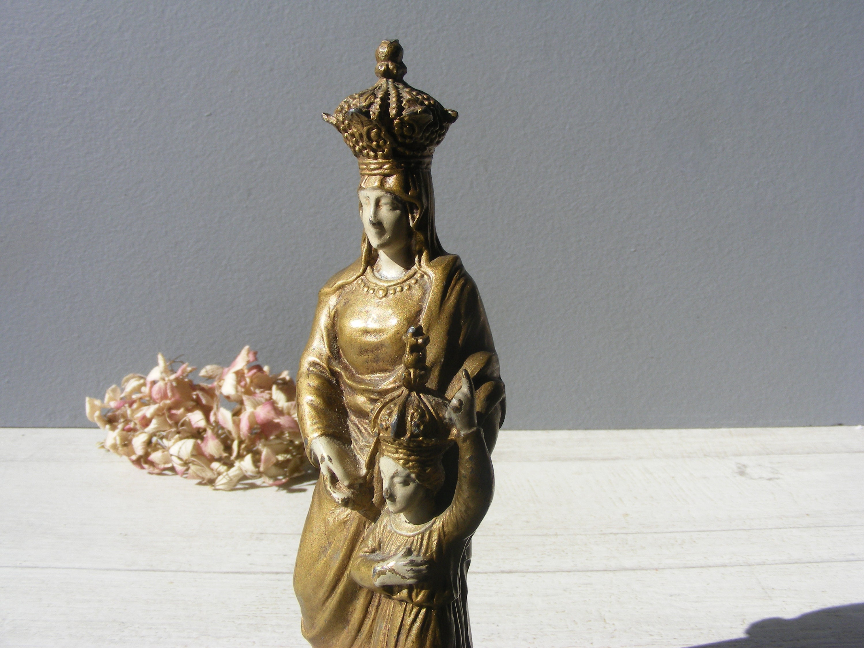 Antique St Anne d'auray Religious Little Spelter Statue.
