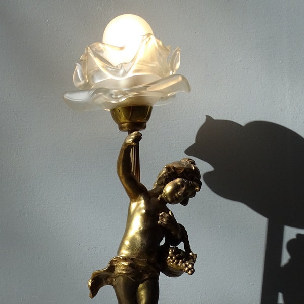 Antique A.Moreau Girl with Basket Table Lamp, with a white rose glass shade./Bedside Lamp./Signed.