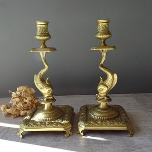 Pair of Vintage Bronze DOLPHIN Candle holders,signed P.Luc and numbered.