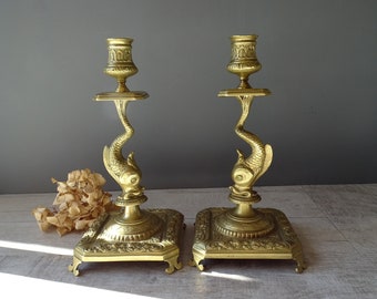 Pair of Vintage Bronze DOLPHIN Candle holders,signed P.Luc and numbered.