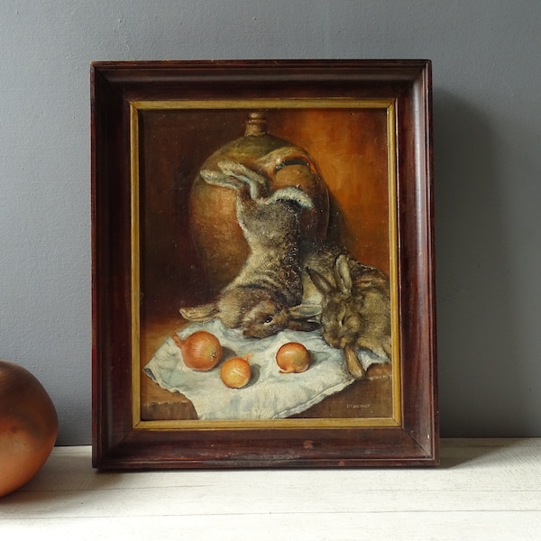 Vintage Still Life with Rabbit Oil on Panel,signed Pautrat./Old Rabbit Painting./Bunny Painting.