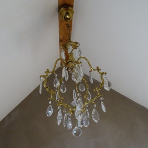 Lámpara de araña francesa vintage de bronce con jaula de cristal: Pampilla de 5 brazos imagen 2