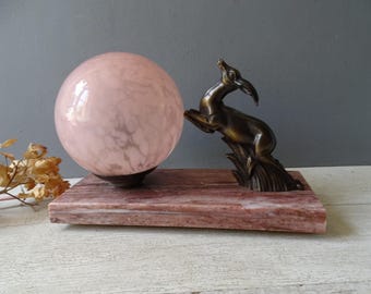 French Art Deco Deer Table  Lamp,Marble and Pink Clichy Glass shade.