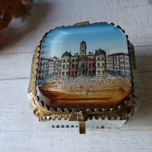 Antique Ormolu Beveled Glass Trinket box /Hotel de Ville de Lyon./Silk Inside.