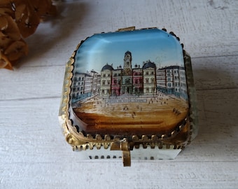 Antique Ormolu Beveled Glass Trinket box /Hotel de Ville de Lyon./Silk Inside.
