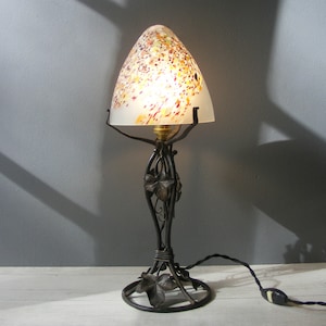 Art Deco Style Wrought Iron Table Lamp,with delicate Paste Glass Shade.