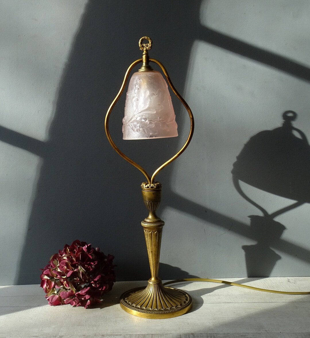 Rare Antique Brass and Bronze Table Lamp With Pink Glass Shade With Oak ...