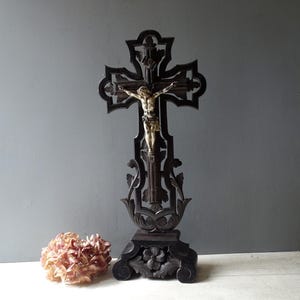 Antique French Large Hand Carved Wood Standing Crucifix,Christ Cross,Religious Wall Decor.