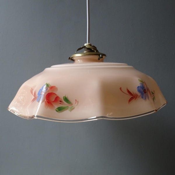 Rare Pink Opaline Glass Ceiling Light,with floral decor/Antique French Opaline Light,from the 1930s