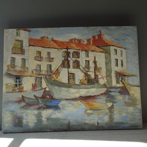 ヴィンテージ AGDE ポート オリジナル地中海フランス海景画 / キャンバスに油彩、署名入り / コート ダジュール 絵画 / フランスのリビエラ。