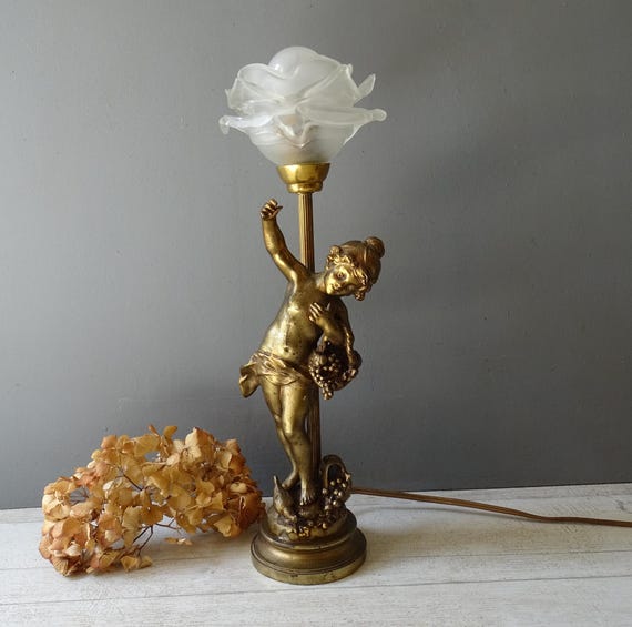 Antique Auguste Moreau Table Lamp: Gilt Spelter Girl With Rose