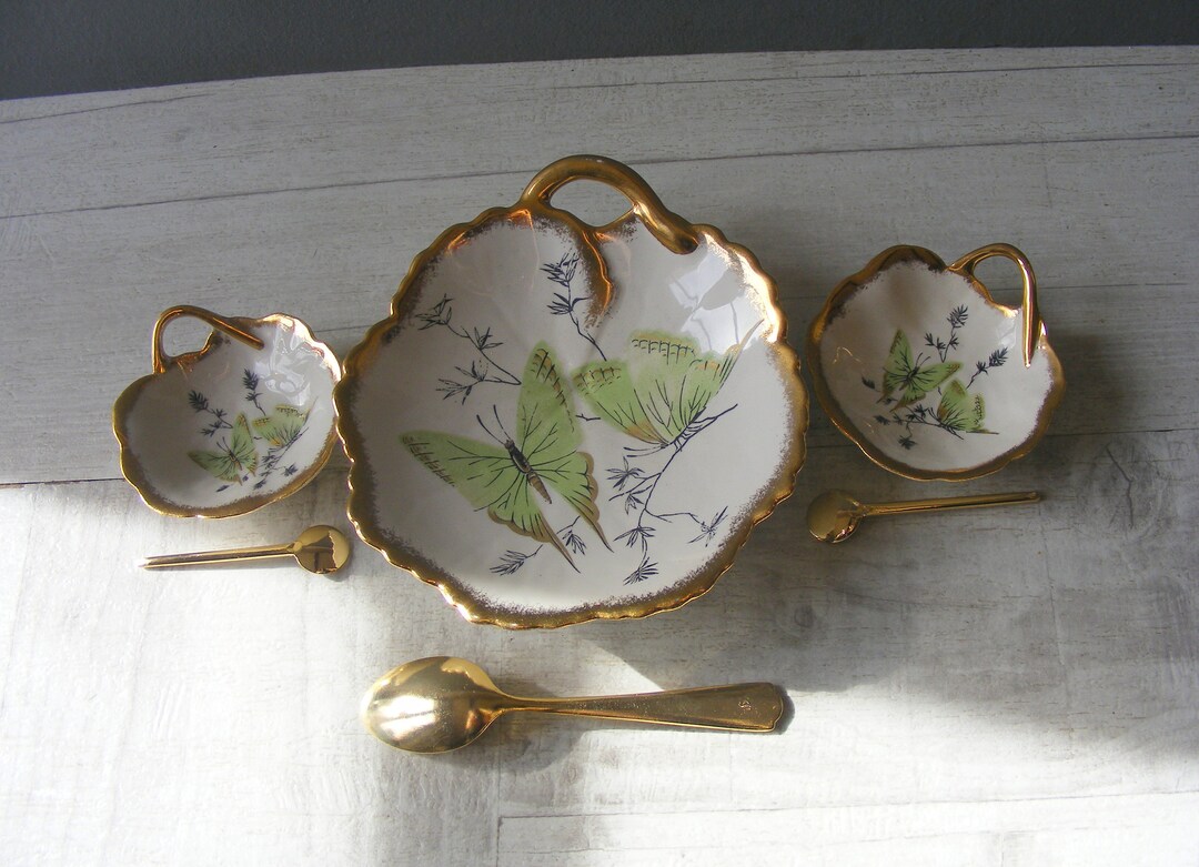 Vintage French Porcelain Condiment Set,butterfly Decor,in Its Original