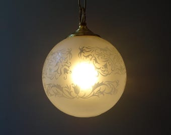 Vintage Etched Glass and Brass Ceiling Light ,Suspension,/Pendant Light.