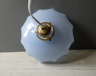 Antique Blue Opaline Glass Ceiling Light, Lamp/With original brass fixation.