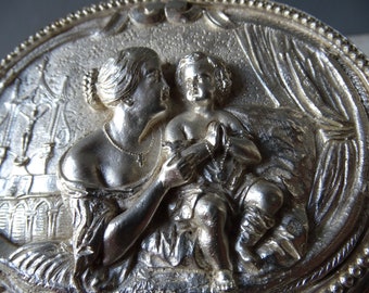Antique Embossed Silverplated Spelter  Jewelry Box, /Mother and Child Decor,/ Life Scene Decor Trinket Box.