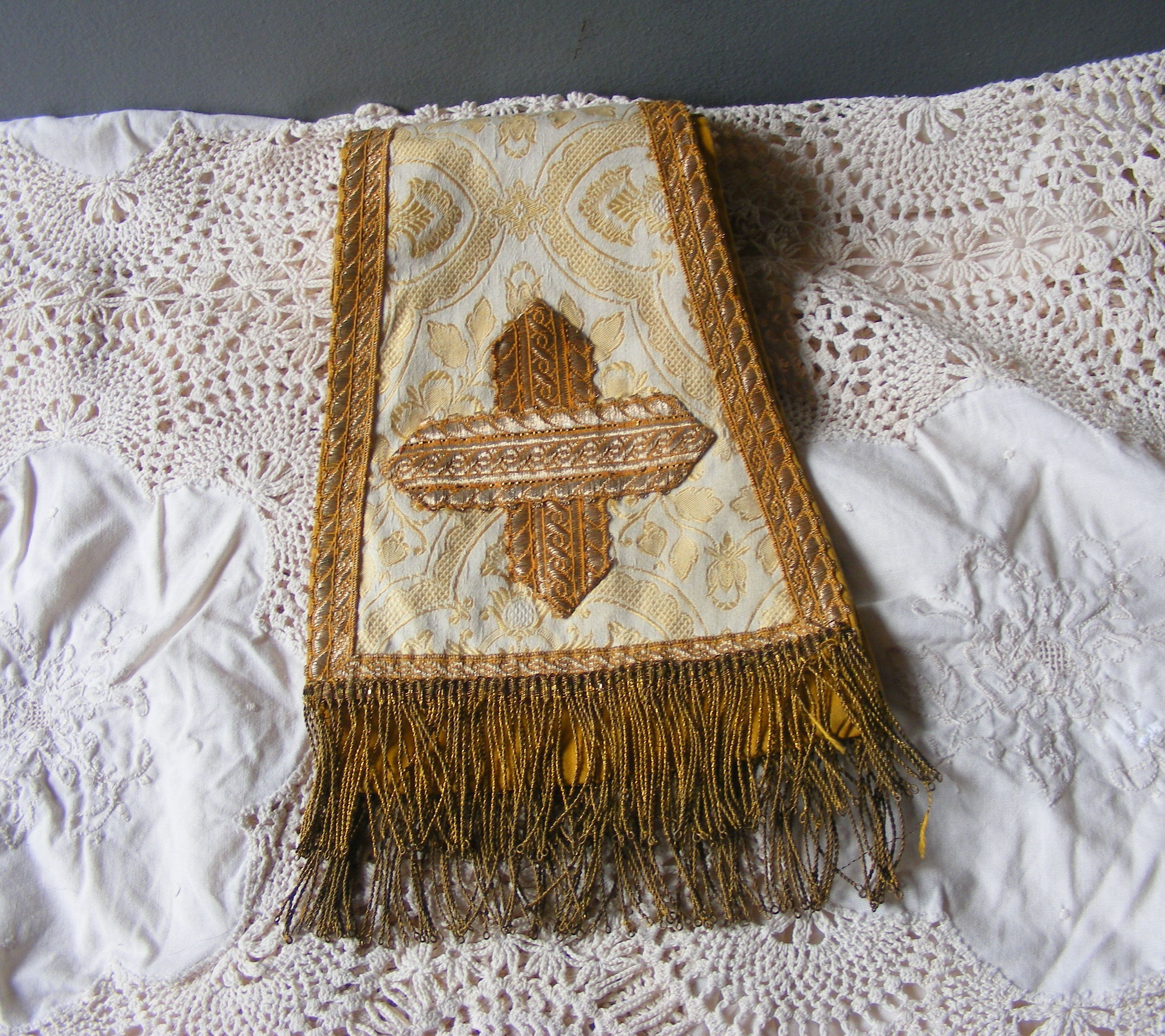 Antique Français Religious Embroidered Vestment /Gold Metallic .
