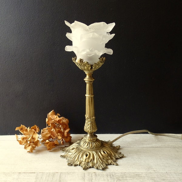 Beautiful Antique  Bronze  Table Lamp,with delicate flower glass shade.