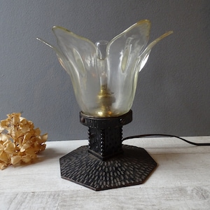 Lampe de chevet du milieu du siècle en fer forgé, avec abat-jour en verre fleuri délicat.