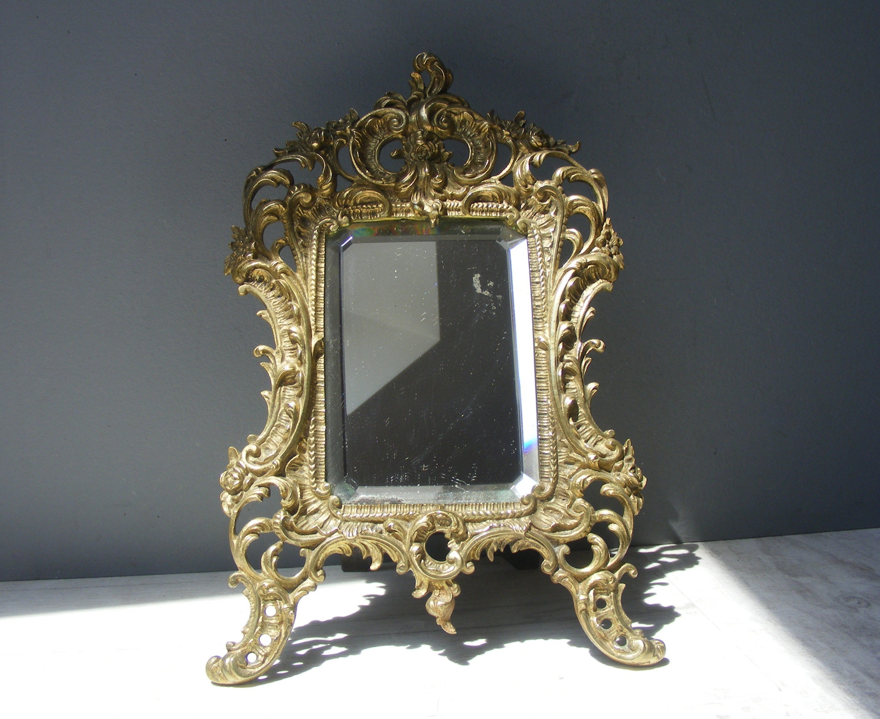 Antique Français Bronze Biseauté Verre Vanité Miroir, Miroir Rococo.