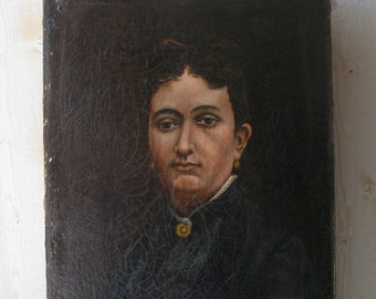 Antique Français Grand Portrait de Femme, Peinture de Dame Noble, Huile sur Toile. Signé Marin.