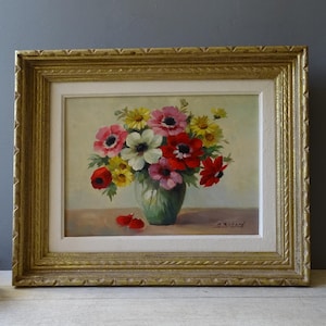 Antique French Bunch of  Anemones  Painting .Signed.