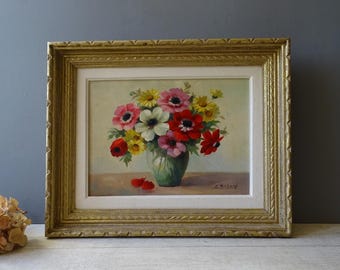 Antique French Bunch of  Anemones  Painting .Signed.