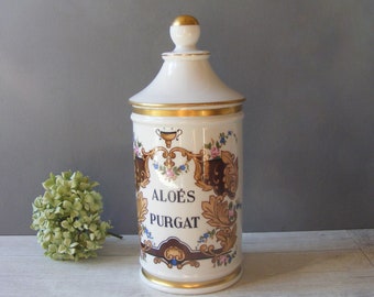 ALOES PURGAT French Apothecary Vintage Large Porcelain Jar,by Couleuvre Porcelain .Large Size.