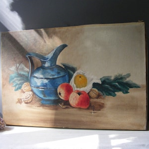 Oil on Canvas Still Life Painting,signed Fieger,depicting a blue pitcher and fruits.Signed