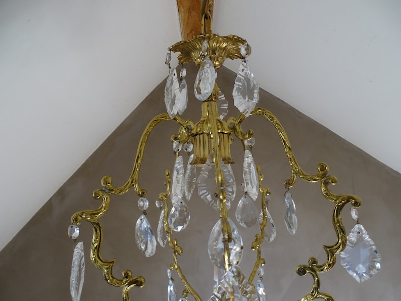 Lámpara de araña francesa vintage de bronce con jaula de cristal: Pampilla de 5 brazos imagen 5