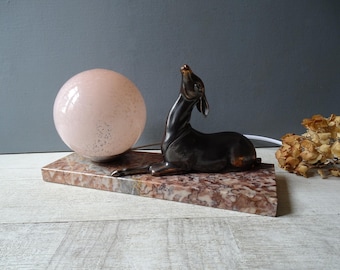 French Art Deco DEER  Lamp,Marble Base and Pink Clichy Marbled  glass shade./Art Deco Bedside LAMP.