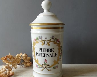 Vintage Limoges Porcelana Boticario Jar firmado "Au pot de Galien":Lunar Caustic