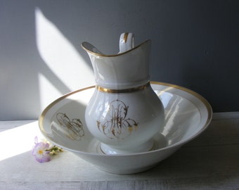 French Antique Toilet Set.Monogram Porcelain Wash Pitcher and Bowl.Old Paris Porcelain.1800s .