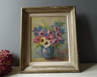 Antique French Bunch of  Anemones  Painting .Signed.
