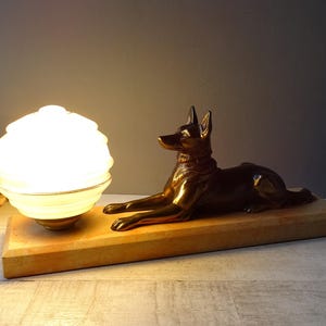 Large  French Art Deco GERMAN SHEPHERD  Lamp,Marble Base,white and  yellow  glass shade.