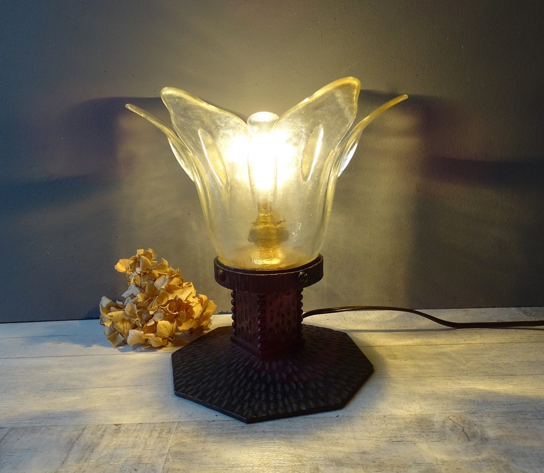 Midcentury Wrought Iron Bedside Lamp,with Delicate Flower Glass Shade