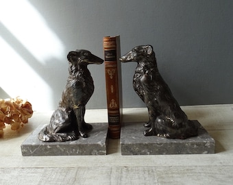 Art Deco Greyhound Bookends: Spelter Dog Sculpture on Gray Marble
