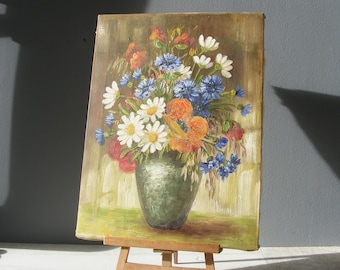 vintage Country Bouquet Gouache on Canvas Painting , signé ./Daisies, Bleuets et Coquelicots.